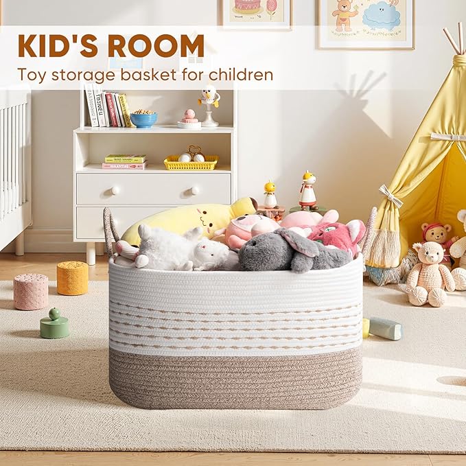 Large Blanket Basket for Toys, Pillow and Clothes, 75L Woven Storage Baskets for Blankets Living Room, Rectangle Cotton Rope Toy Basket with Handles-Brown & White