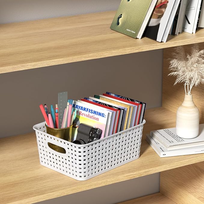 6-Pack Woven Plastic Storage Baskets, White Pantry Plastic Baskets