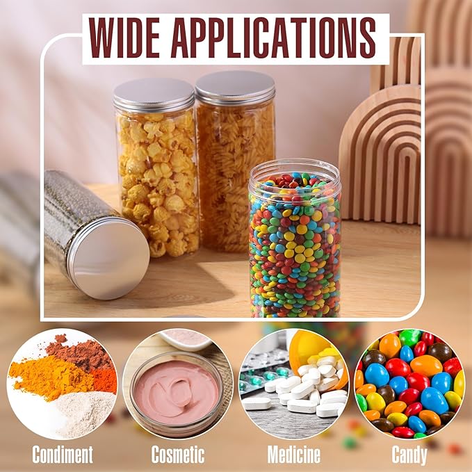 Dandat 16 Pack 30 oz Plastic Jars with Lids Plastic Mason Bottles Container Canister Wide Mouth Cylinders Kitchen Home Organize Storage for Dry Good, Spice, Honey, Candy, Peanut Butter(Silver)