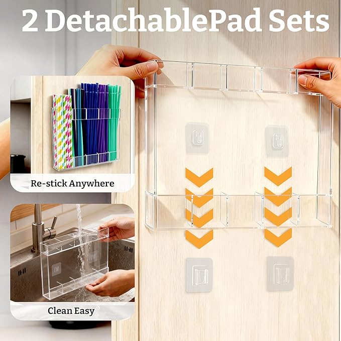 9.5” Large Acrylic Straw Holder for Cabinet Door with Detachable Ultra Sticky Adhesive Squares and Stickers, 2026 Reusable Straws Organizer Storage Dispenser for Kitchen Counter Cupboard