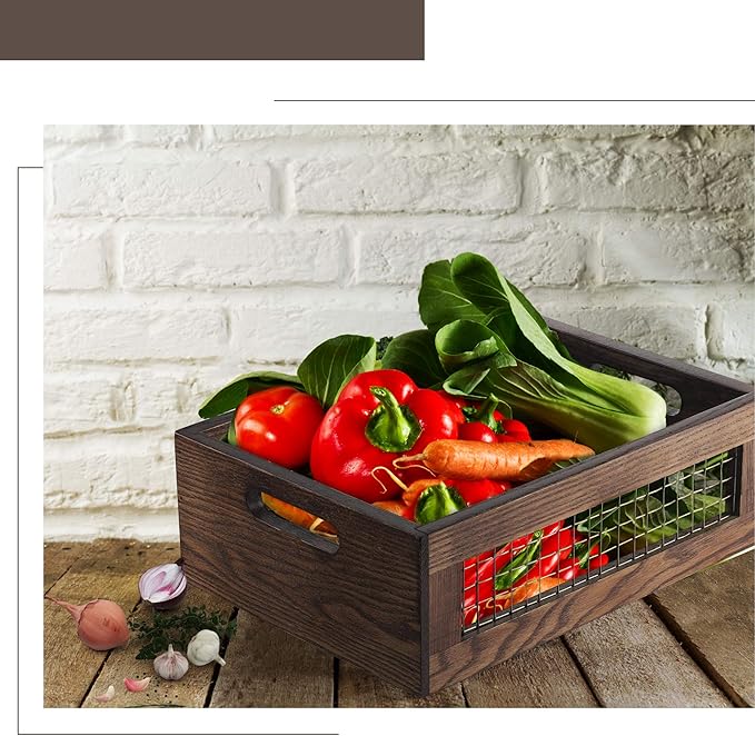 Set of 3 Extra Large Wooden Nesting Countertop Baskets, Rustic Wood Storage Organizer for Kitchen, Pantry or Bathroom – Fruit, Vegetables, Bread Crates with Handles (Largest 16")
