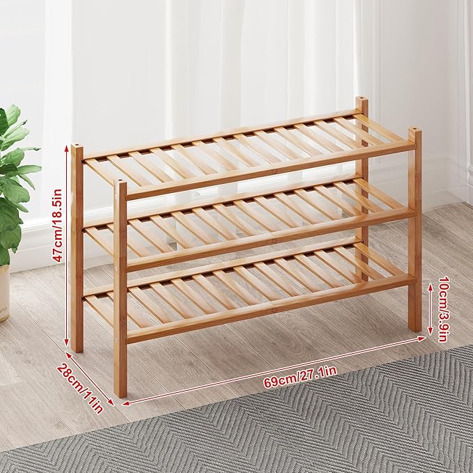 Bamboo Shoe Rack Organizer for Closet and Entryway - Space-Saving Narrow Shoe Stand - Versatile Shoe Holder for Door or Closet Shelf, Bedroom can Freely Stack DIY Small Shoe Racks 3 Tier Bamboo color