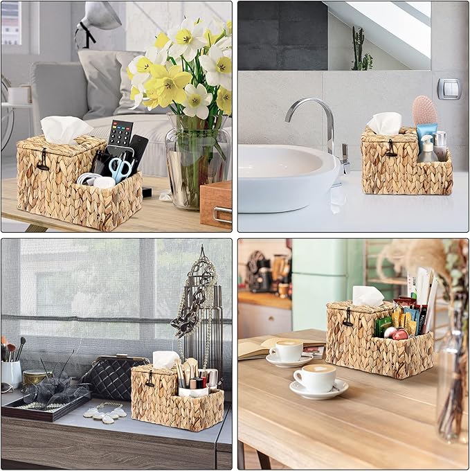 Sumnacon Square Woven Tissue Box Cover - Decorative Cube Wicker Tissue Box Holder with Side Organizer, Rustic Water Hyacinth Tissue Holder for Living Room Vanity Night Stand Table Countertop Office
