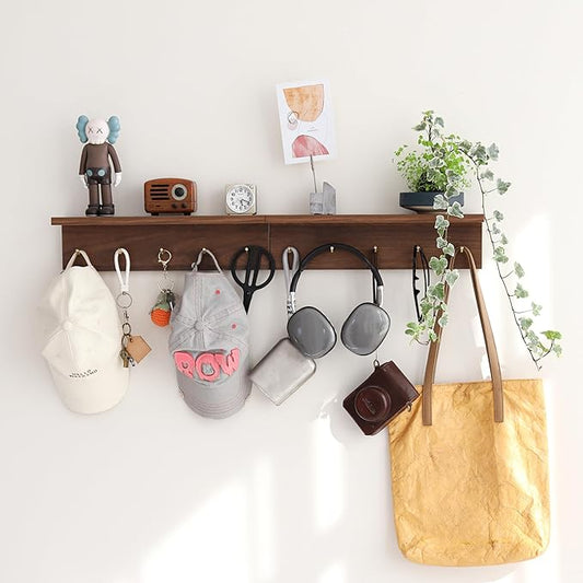 5-Hook Wall Mounted Coat Rack with Storage Shelf - Multi-Functional Key & Jacket Hanger for Entryway, Walnut Finish, Style D-2