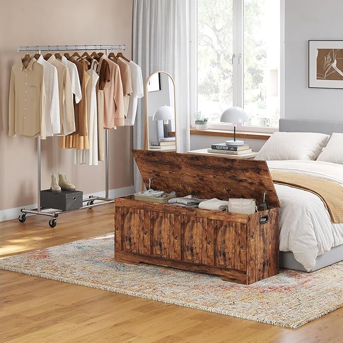 DINZI LVJ Storage Chest, 47.2âWooden Storage Box with 2 Safety Hinges, Entryway Shoe Bench with Flip-Top, Large Trunk for Living Room, Bedroom, Easy Assembly, Rustic Brown