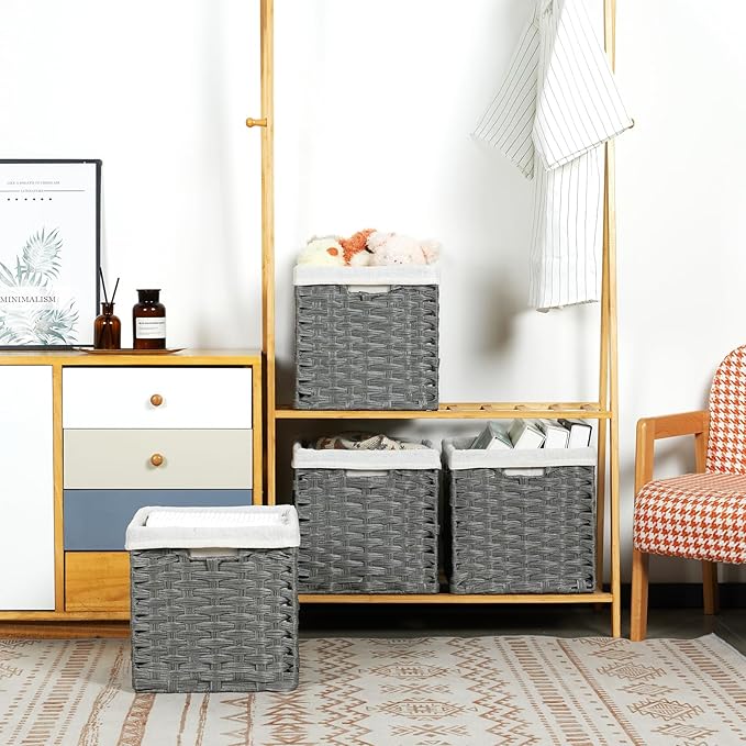 Bidtakay Wicker Storage Baskets for Organizing 4-Pack Hand-Woven Imitation Dark Grey Wicker Cube Storage Bins with Liners for Shelves Closet Cabinet 11x11 Waterproof Cube Organizer for Pantry
