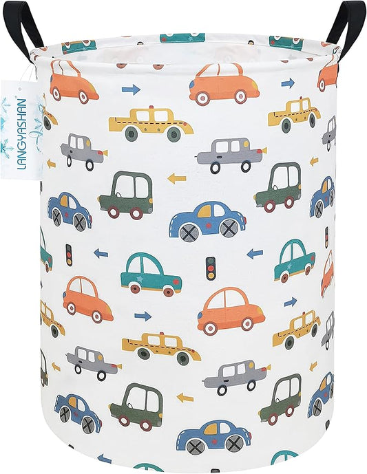 LANGYASHAN Laundry Basket Canvas Fabric Collapsible Organizer Basket for Storage Bin Toy Bins Gift Baskets Bedroom Clothes Children Nursery Hamper (Round Color Cars)