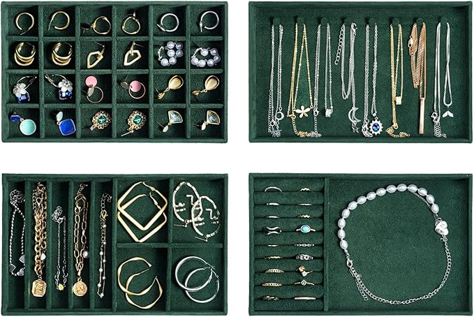 ProCase Stackable Jewelry Organizer Trays for Drawers, Jewelry Drawer Inserts Container Display Case Storage for Earring Necklace Rings Bracelet with Removable Dividers -Green, 4 Layers
