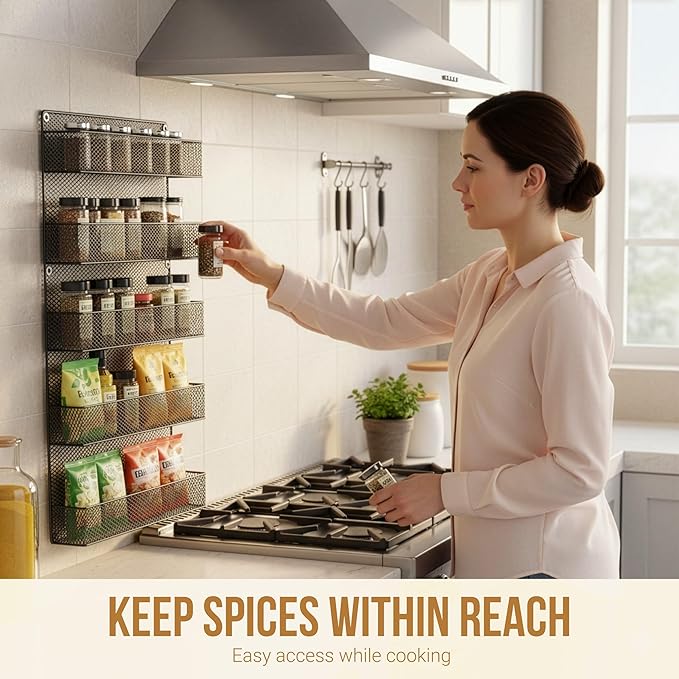 Spice Rack Organizer - Space-Saving Wall-Mount 5-Tier Wire Shelves for Pantry or Cabinets - Kitchen Organization and Storage by Home-Complete (Black)