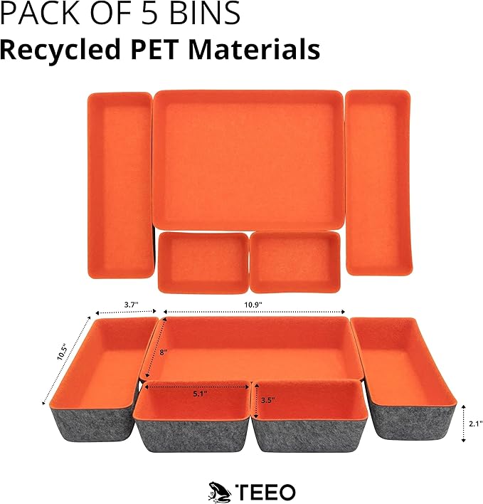 Teeo - Drawer Dividers Organizers - Makeup Trays for Vanity - Drawers Organizer - Office Drawer Organizer - Home Office Desk Cosmetic Bins Dividers Box Compartment Organization - Pack of 5, Orange