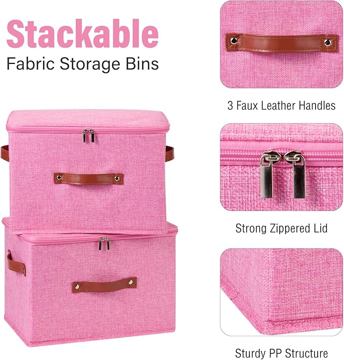 3PCS Storage Bins Boxes with Zippered Lids Cotton Linen Fabric Decorative Basket PU Leather Handles PP Plastic Board Foldable Lidded Clothing Shelf Closet Organizer Container (Pink, Large)