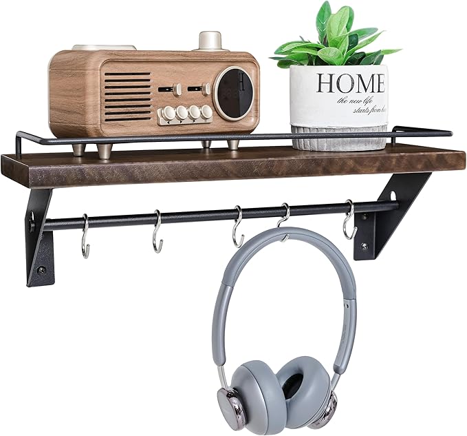 Coat Rack Wall Mount with Shelf - Natural Walnut Wall Shelf with Hooks, Entryway Floating Shelves with 5 Hooks and Metal Frame for Bags, Hats, Kitchen, Living Room, Bedroom