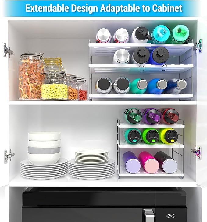 YAN & HIN Water Bottle Organizer for Cabinet, 3-Tier Expandable Bottle Storage Rack, Adjustable Height Holds 15 Bottles, Tumbler & Baby Bottle Organizer for Kitchen Pantry Counter (2 Pack)