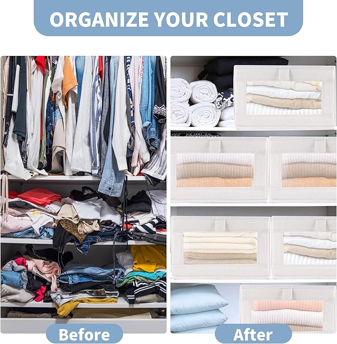 8 Pack Linen Closet Organizers and Storage, Foldable Closet Storage Bins with Clear Window, Linen Closet Baskets