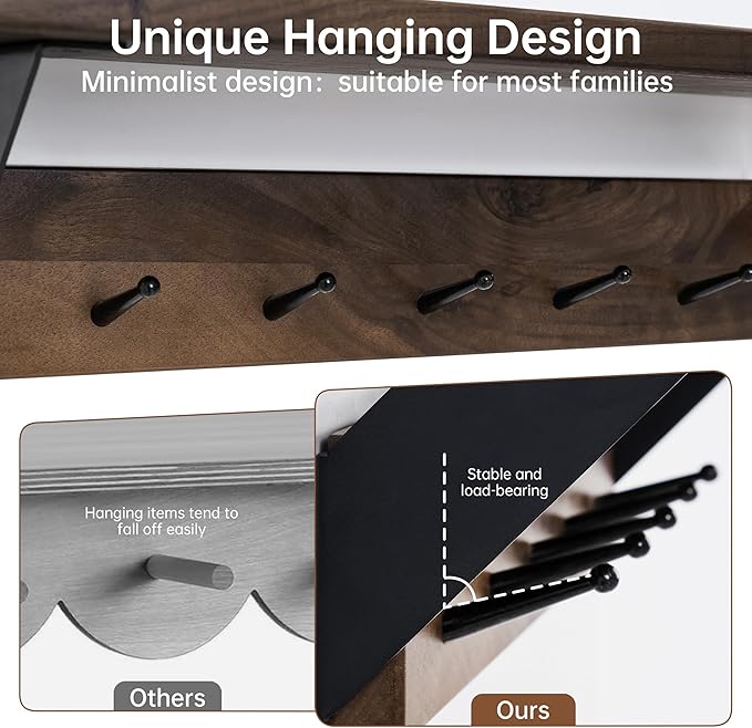 Coat Rack Wall Mount with Shelf - Natural Walnut Wall Shelf with Hooks, Entryway Floating Shelves with 5 Hooks and Metal Frame for Bags, Hats, Kitchen, Living Room, Bedroom