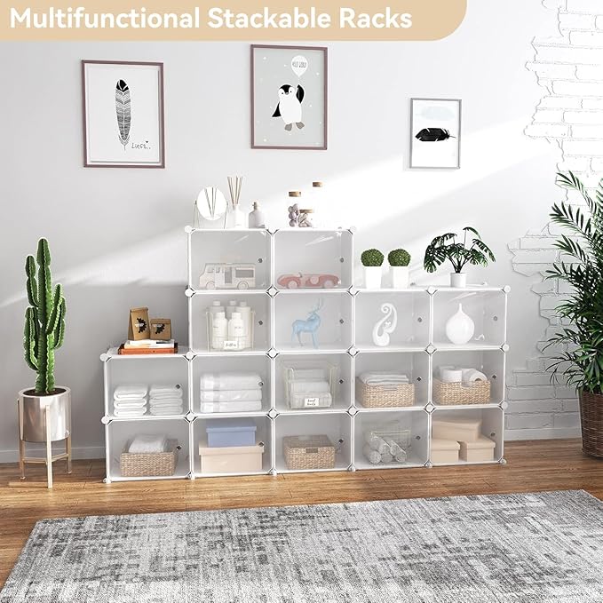 Portable Shoe Rack Organizer with Door, 64 Pairs Shoe Storage Cabinet Easy Assembly, Plastic Adjustable Shoe Storage Organizer Stackable Detachable Free Standing DIY Expandable 8 Tier White