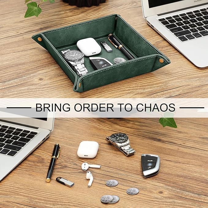 SITHON Valet Tray Desktop Storage Organizer â Premium PU Leather Catchall Bedside Vanity Tray Nightstand Caddy Holder for Keys, Phone, Wallet, Coin, Valentine's Day Gift, Dark Green