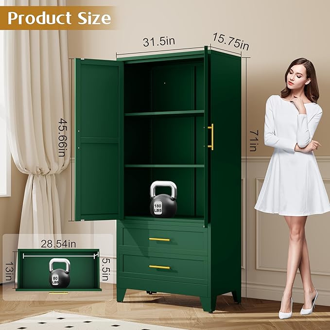 71" Tall Metal Pantry Cabinet, Steel Storage Cabinets with 2 Doors, 2 Adjustable Shelf and 2 Drawers, Used as Kitchen Cabinet, Freestanding Cupboard for Kitchen, Office, Living Room (Green)