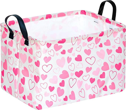 Girls Gift Basket Heart Print Storage Cube for Women, Closet Shelf Organizer Bins Empty Gift Basket with Handles Nursery hamper Kids Toys Books Box Room Deco