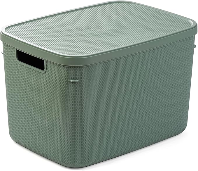 BINO | Plastic Storage Bins with Lids, 20 Liter - 3 Pack, Desert Green | THE TWILL COLLECTION | Plastic Bins for Organization | Woven Storage Baskets for Organizing | Pantry Shelf Organizer Basket Bin