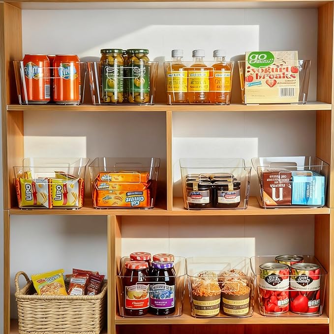 Hudgan 12 Pack Clear Pantry Organizer Bins, Plastic Storage Bins for Fridge, Plastic Pantry Organizer Containers for Home, Kitchen Cabinet, Bathroom Shelf, Under Sink and Drawers