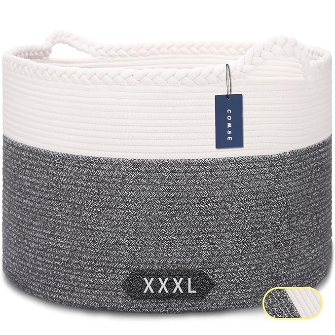 COMSE Extra Large Blanket Basket, Woven Laundry Basket, 21.7âx 13.8â, Nursery Hamper, Cotton Rope Laundry Hamper Living Room for Storage Toys Clothes Towels (White & Black)