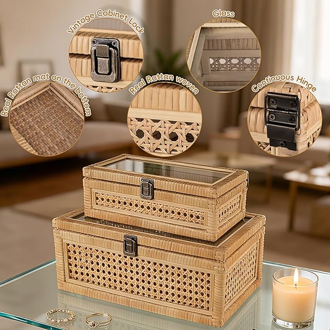 Large Decorative Box Lid Display, Large Keepsake Memory Storage Box, Decorative Box Hinged Lid Woven Rattan Jewelry Box with Glass Boho Vintage Decor Craft Organizer. Rattan