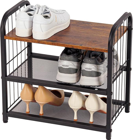 3-Tier Shoe Rack with Guardrails, Heavy-Duty Metal Mesh Shelves & Rustic Wooden Top - Space-Saving Organizer for Closet, Entryway, and Hallway (Holds 1-2 Pairs/Shelf)