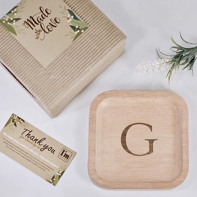 I'm Wooden Personalized Letter Catchall Valet Tray Trinket Dish Jewelry Tray Key Bowl Decorative Plate Organizing Ring Earrings Necklaces Bracelet Watch Coins Wallet Holder (6"x6" Sq Natural G)