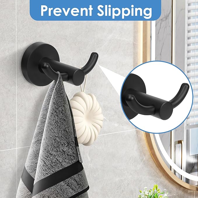 Black Towel Hooks, Bathroom Robe Hook 2 Pack, Towel Hooks Rack Bath Modern Coat Clothes Single Hook Wall Mounted for Bathroom Kitchen Washroom