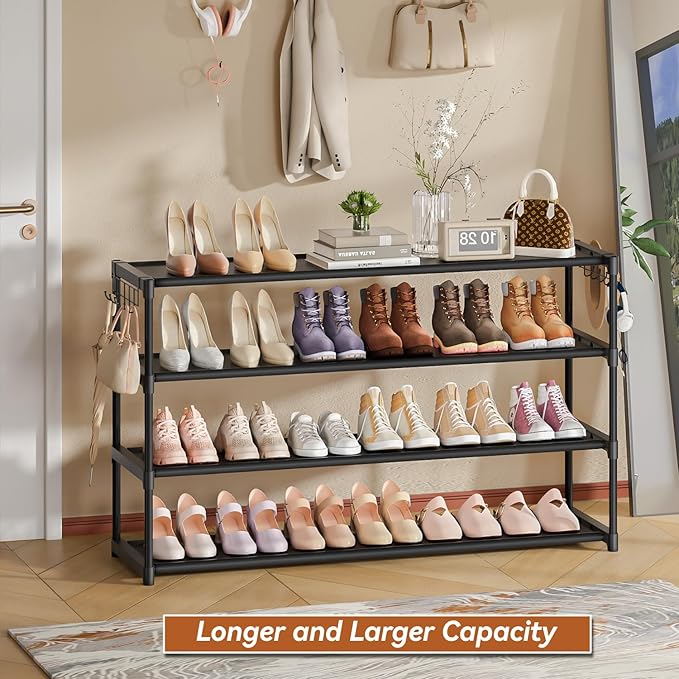 Extra Long Shoe Rack 4 Tier Shoe Storage Organizer with 2 Hooks, Wide Stackable Shoe Organizer Racks for Closet Entryway,Shoe Shelf Stand Sturdy Durable Shoes Holder Save Space Up to 26Pairs