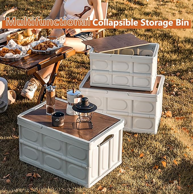 VPTMRP Collapsible Storage Bin with Handles and Wooden Lid, Large Capacity Stackable Utility Crates Holds 33lbs for Outdoor Home Storage Organizing Moving (55L/14.5Gal)