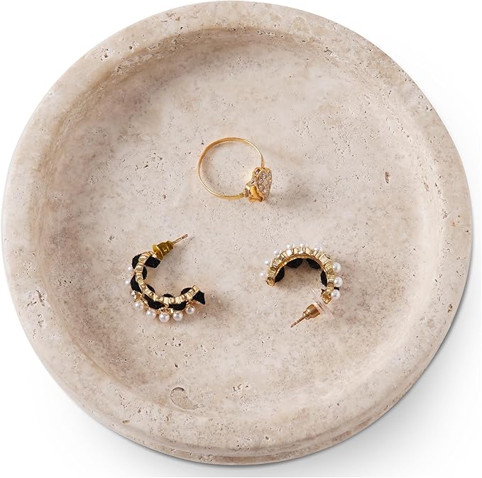 Marble Jewelry Dish 5 Inch Handmade Travertine Ring Holder - Trinket Tray for Vanity & Aesthetic Room Decor, Stone Key & Candle Plate for Entryway Table