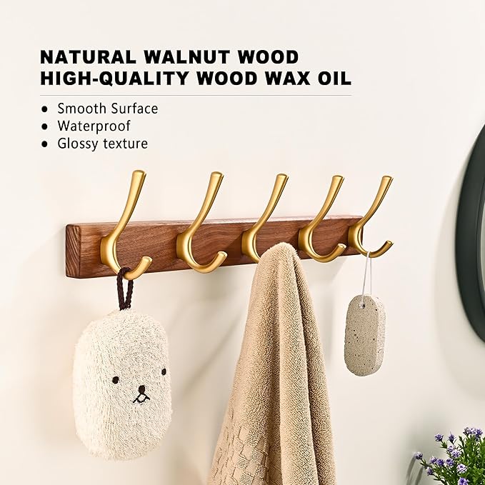 2 Pack 17.3" Walnut Wood Coat Rack Wall Mount with 5 Hooks, Heavy Duty Wooden Jacket Hanger Door Mounted for Decorative Entryway Bathroom Hanging Towel Backpack Purse Hat Key Satin Gold