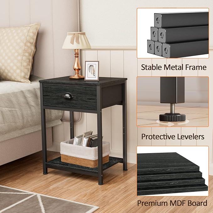Nightstands Set of 4, Industrial End Table with Fabric Drawer&Storage Shelf, Small Bedside Table Organizer for Small Space, Side Table for Living Room, Tall 23.6" Night Stand for Bedroom, Black Oak