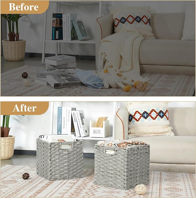 DULLEMELO Wicker Storage Cubes for Organizing 11x11x11 Inch Woven Storage Basket with Liner, Set of 2 Cube Storage Baskets for Shelves, Laundry Basket with Handles, Light Grey