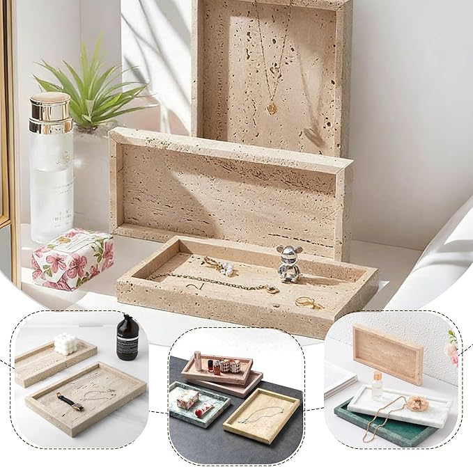 Natural Marble Tray, Stone Tray for Bedroom/Bathroom/Kitchen/Vanity Countertop, Jewelry Tray for Rings Earrings Necklace Bracelet Watch, Room Decor Aesthetic