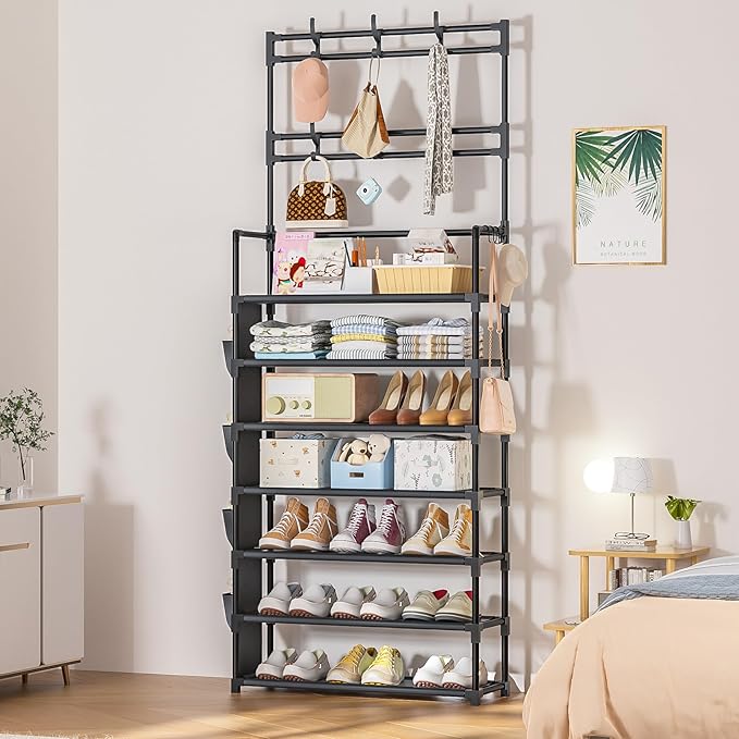 Shoe Rack 7 Tier Shoe Organizer Storage 21-28 Pairs Closet Shoes Rack for Front Door Entrance Shoe Rack Organizer with Hooks Side Pocket Entryway Large Capacity Shoe Shelf Tower Garage