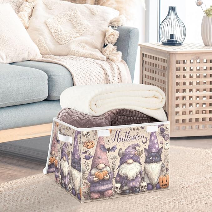 Halloween Gnomes Cat Bat Beige Collapsible Storage Bins with Lids Decorative Fabric Cubes Closet Organizer Basket Boxes Containers for Clothes Box Chest Nursery F