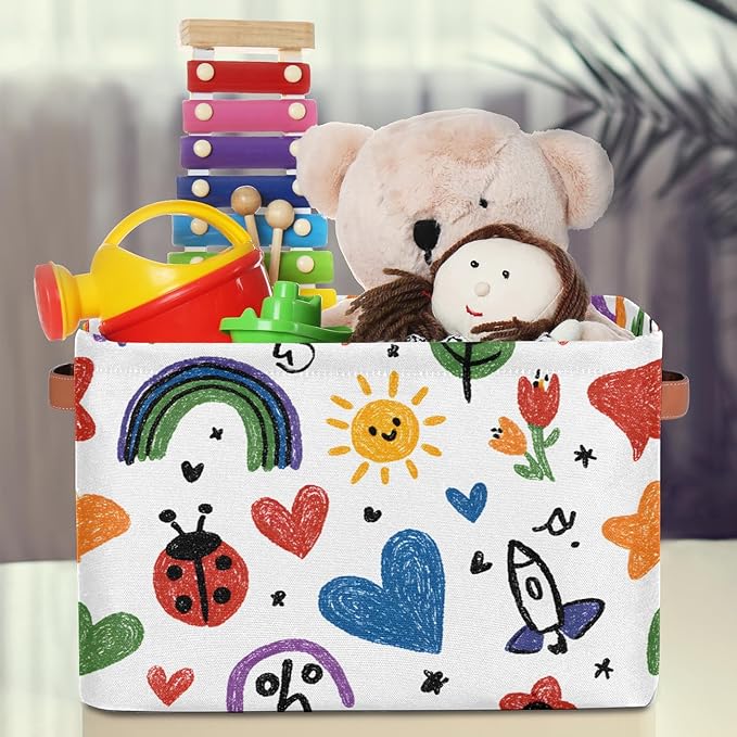 Cute Storage Bins for Organization, Canvas Book Storage Bins Handles, Bedroom Shelves Decorative Baskets for Organizing, Fabric Cube Bin Classroom Dorm Closet Organizer Box (Colorful Graffiti)