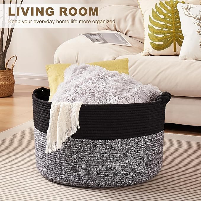 Large Blanket Storage Basket for Living Room, 22.8" x 22.8" x 13" Woven Cotton Rope Basket with Handles, Baby Toy Storage, Laundry Hamper for Clothes, Pillows, Towels-Black and Grey