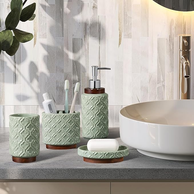Elegant Bathroom Accessories Set 6 PCS Ceramic and Wood Bathroom Accessory Set Soap Dispenser Toothbrush Holder Tumbler Soap Dish Tray Trash Can Easy to Clean Quatrefoil Pattern Green