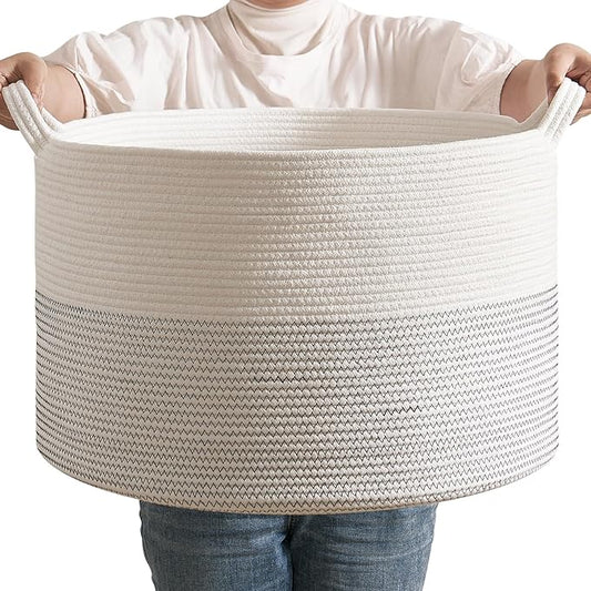 CLHMILY&Z Large Woven Storage Basket - 22x14.2 Inches - Modern Nursery Bin, Round Baby Toy Organizer, Soft Cotton Hamper for Home Decor, Multi-Purpose Home Tidy Solution