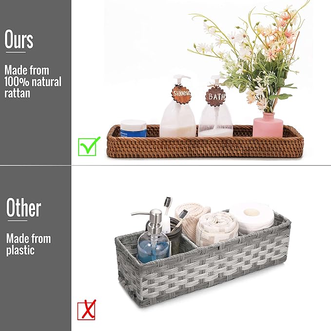 Rattan Toilet Tank Basket Guest Towel Holder for Serving Organizing Bread Shelves 17'' x 6'' x 2'' Bathroom Counter and Storage Decorative Wicker Tray (17 x 6 x 2 inches, Dark Brown)