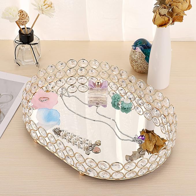 Hipiwe Mirrored Crystal Vanity Makeup Tray, Gold Ornate Jewelry Trinket Decorative Tray Cosmetic Perfume Display Organizer Tray,Home Decor Tray for Dresser/Bathroom, 11.8" x 8"