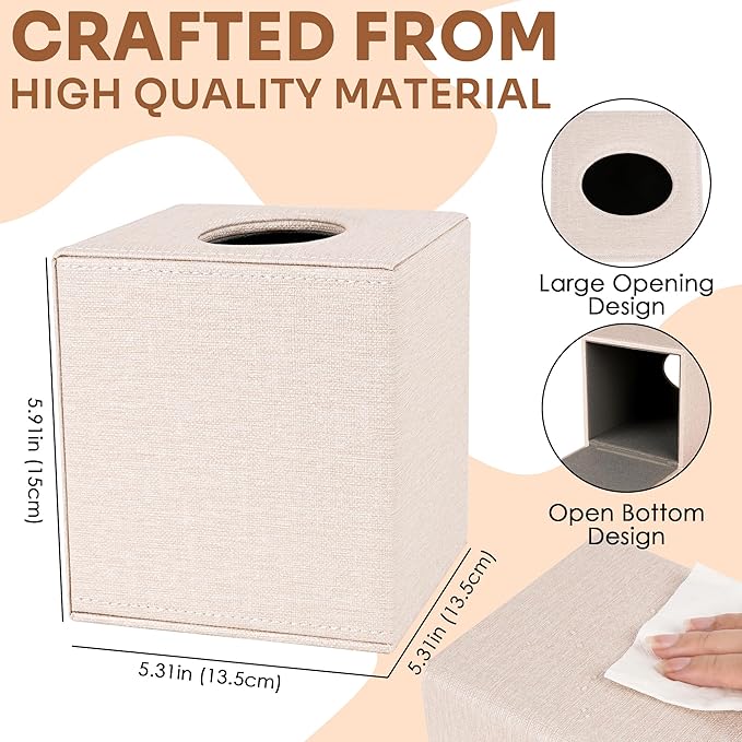 2 Pack Square Tissue Box Cover Holder - Premium PU Leather Decorative Cube Facial Napkin Dispenser - Magnetic Bottom for Bathroom Vanity Bedroom Nightstand Office (Cream White)