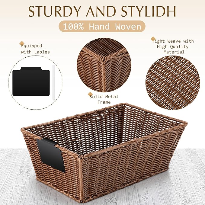 Marsui 6 Pcs Wicker Storage Baskets with Labels Handwoven Multi-size Brown Wicker Storage Bins for Organizing Small Baskets Container for Shelves Closet Pantry Toilet(Brown )