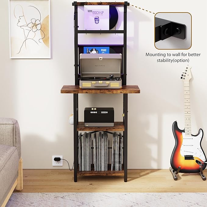 Record Player Stand with Led Light,Record Player Table with Vinyl Storage,Turntable Stand with Record Holder Vinyls Display Shelf for Music Room Studio,Brown