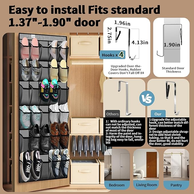 PAULONE Massive 70-Inch Dual-Side Family Organizer - Stores Shoes, Handbags, Toys & Baby Gear, Heavy Duty Over Door Storage System for Every Room (Gray)