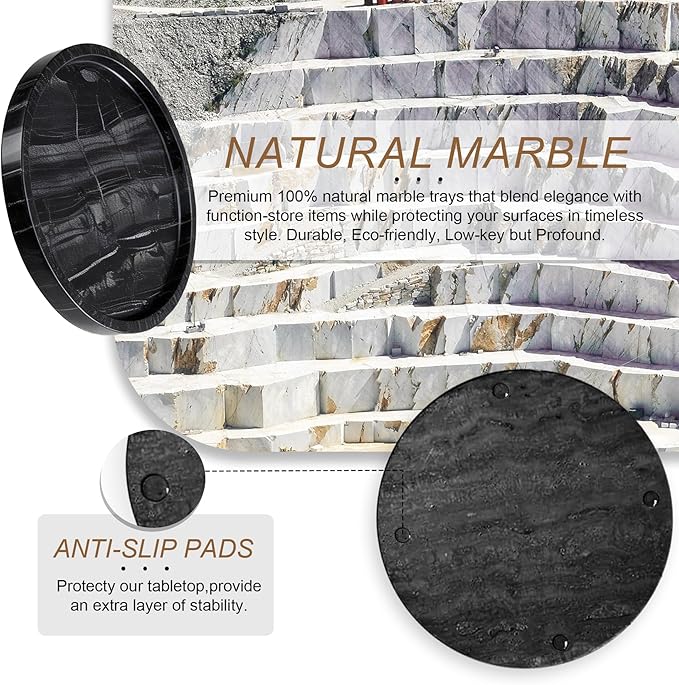 Natural Marble Tray, Round Black Tray for Bedroom/Bathroom/Kitchen/Vanity Countertop, Jewelry Tray for Rings Earrings Necklace Bracelet Watch, Room Decor Aesthetic